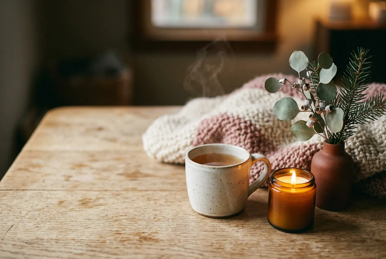 Eine dampfende Tasse Tee, eine brennende Kerze und eine Strickdecke auf einem Holztisch